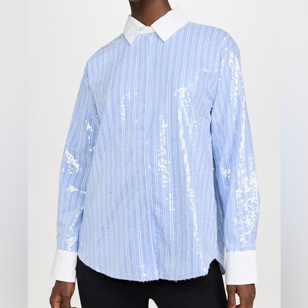 LOFT Light Blue Striped Sequin Dress Shirt with White Collar and Cuffs